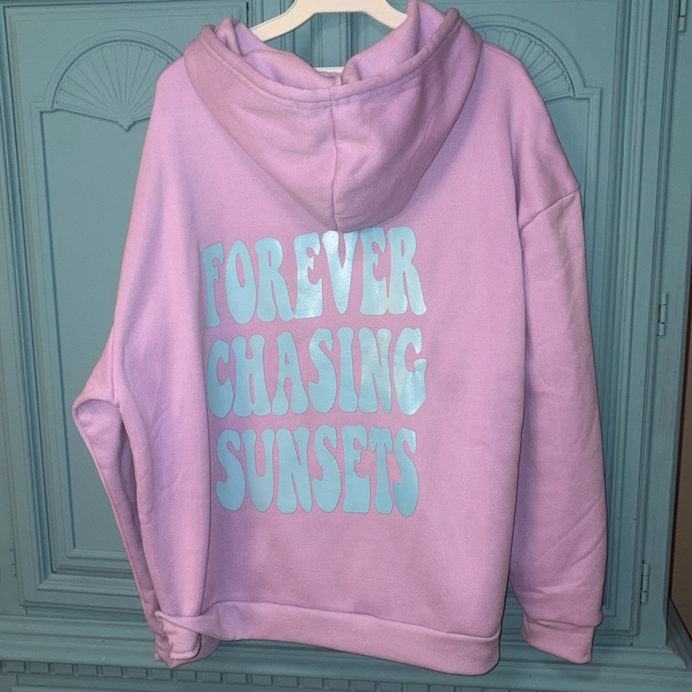 Purple sweatshirt with turquoise forever chasing sunsets graphic NWOT